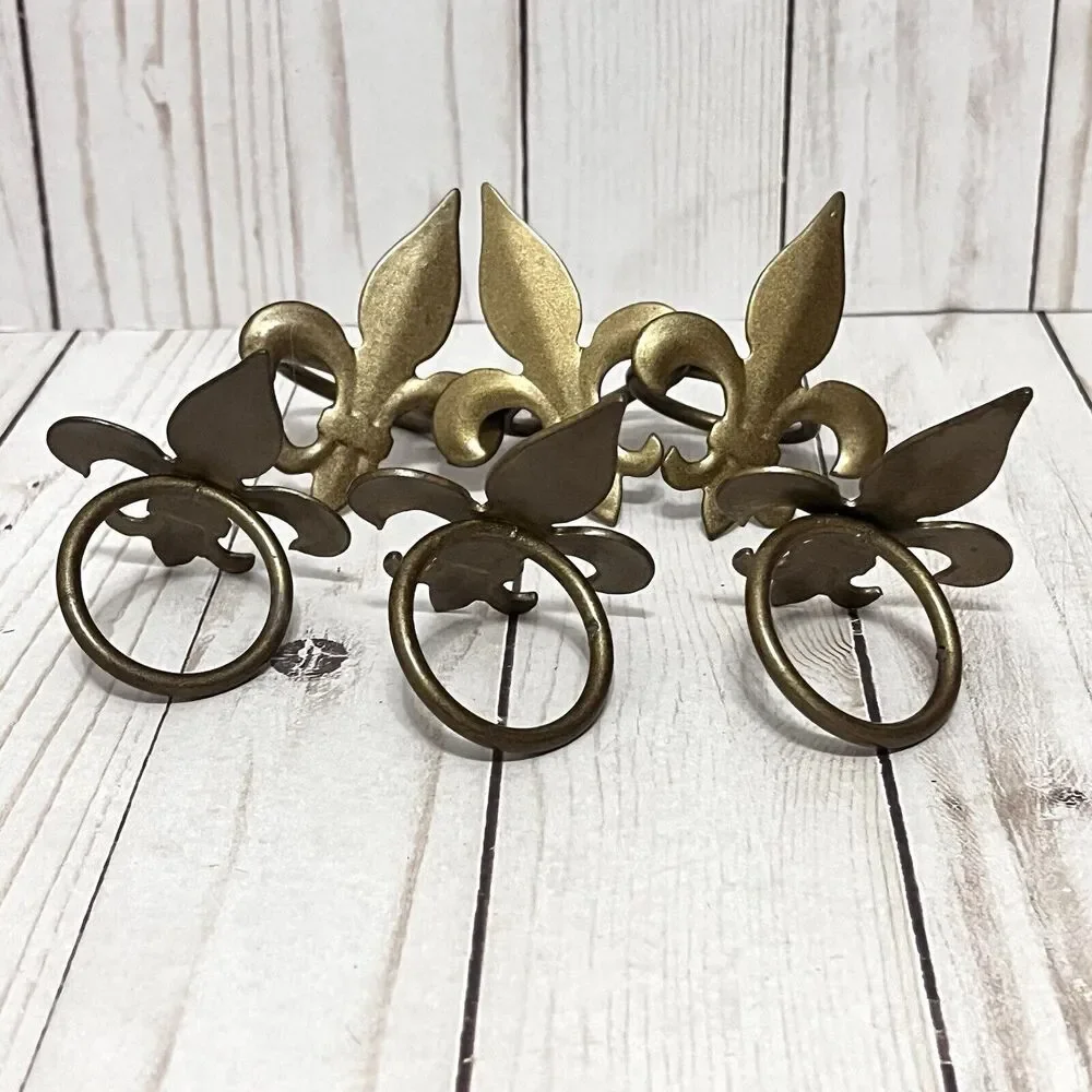Set of 6 Fleur De Lis Golden Brass Tone Metal Napkin Ring Holders